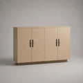 Credenza rettangolare in legno a 4 ante, rovere chiaro, nero e tortora, 140 x 40 x 85 cm