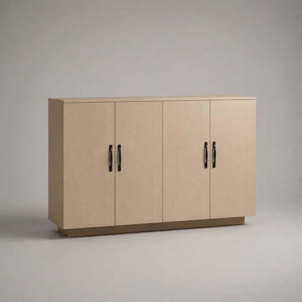 Credenza rettangolare in legno a 4 ante, rovere chiaro, nero e tortora, 140 x 40 x 85 cm