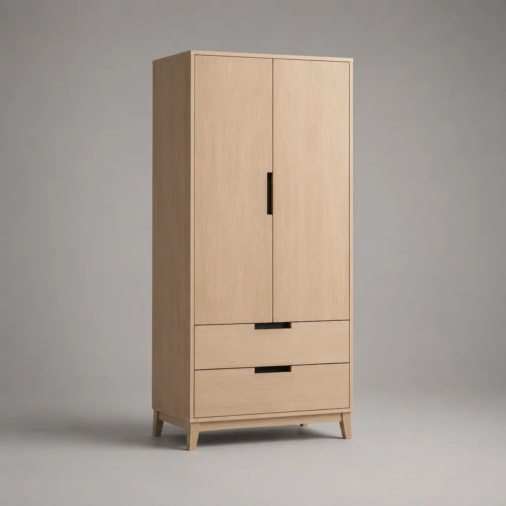 Armadio guardaroba rettangolare in legno a 2 ante e 2 cassetti, rovere chiaro e nero, 80 × 50 × 190 cm