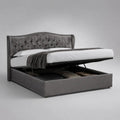 Letto matrimoniale contenitore 160 x 200 cm in velluto grigio, dimensioni 220 x 178 x 120 cm, testiera capitonné e piano sollevabile