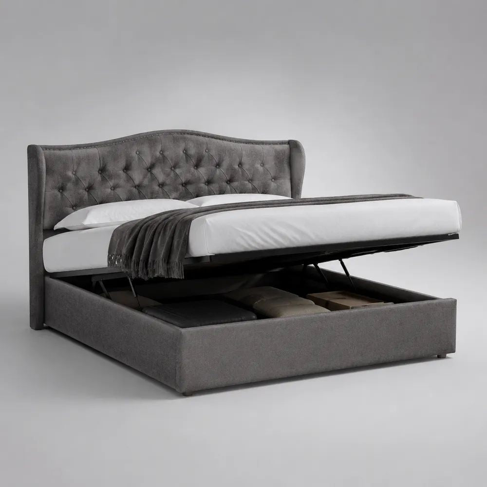 Letto matrimoniale contenitore 160 x 200 cm in velluto grigio, dimensioni 220 x 178 x 120 cm, testiera capitonné e piano sollevabile