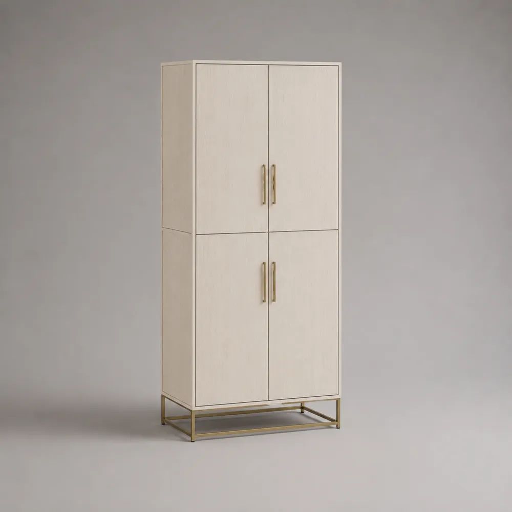 Credenza alta a 4 ante in MDF impiallacciato beige con base in acciaio color ottone, 80 x 40 x 180 cm