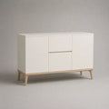 Credenza rettangolare in MDF e legno con 2 ante e 2 cassetti, bianco e naturale, 120 x 40 x 80 cm