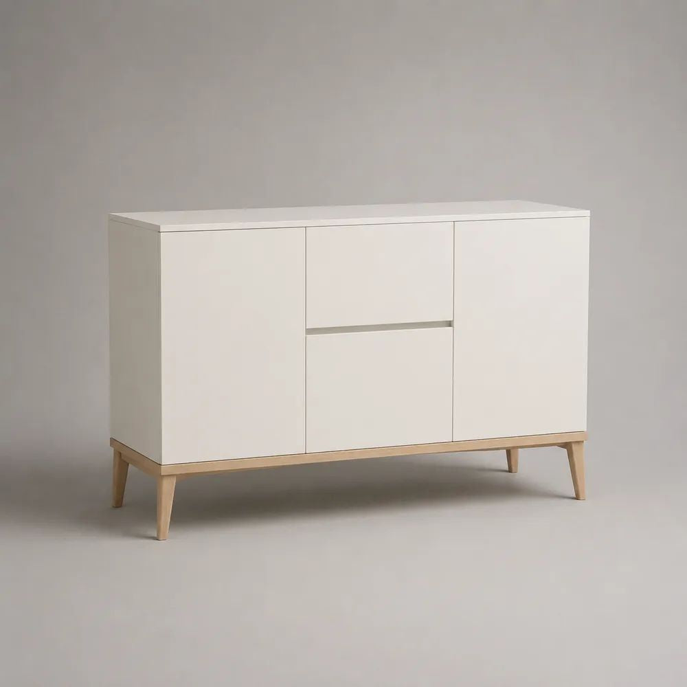Credenza rettangolare in MDF e legno con 2 ante e 2 cassetti, bianco e naturale, 120 x 40 x 80 cm