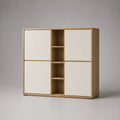 Credenza alta rettangolare in MDF e truciolare con 4 ante e 4 vani a giorno, rovere naturale e bianco, 120 × 40 × 120 cm