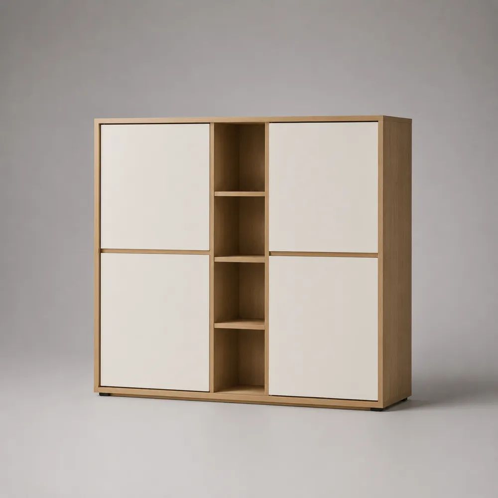 Credenza alta rettangolare in MDF e truciolare con 4 ante e 4 vani a giorno, rovere naturale e bianco, 120 × 40 × 120 cm