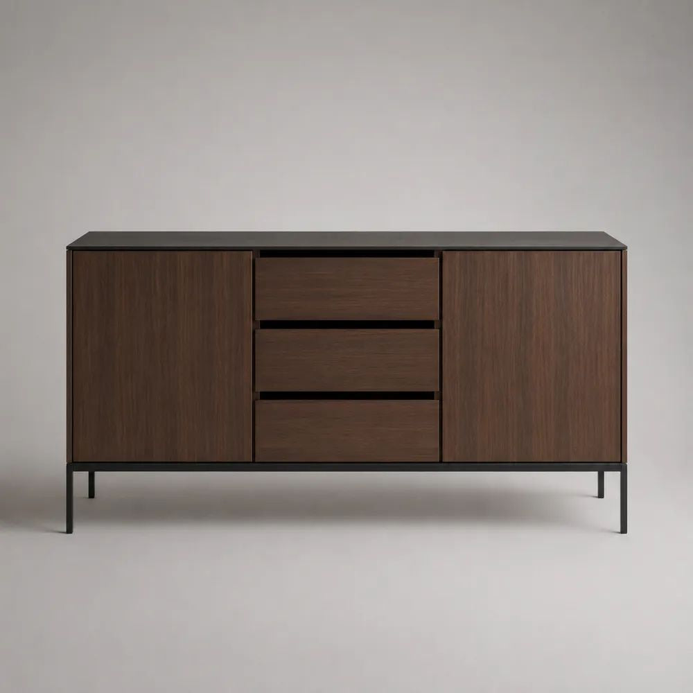 Credenza in MDF e acciaio con 2 ante e 3 cassetti, marrone scuro e nero, 160 × 40 × 80 cm