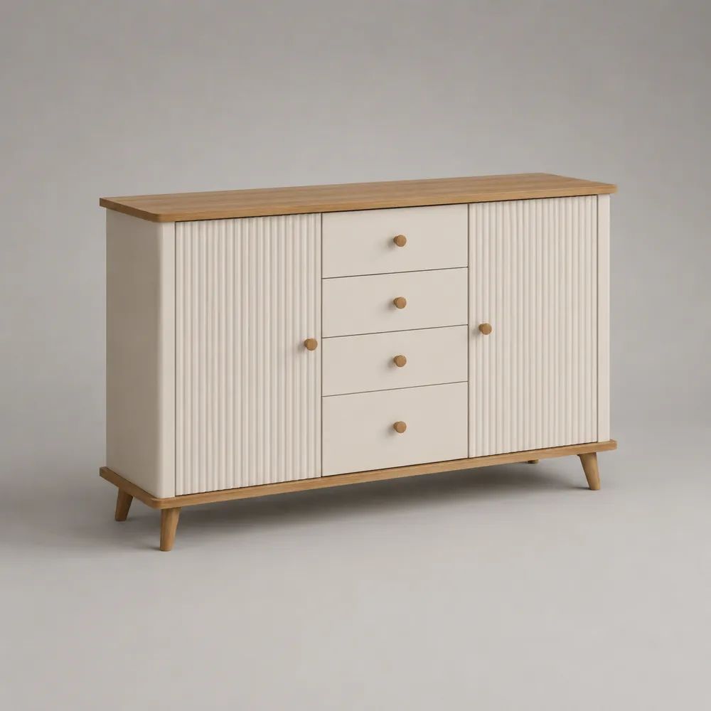 Credenza in MDF e legno massello con 2 ante e 4 cassetti, avorio e rovere naturale, 120 x 40 x 85 cm