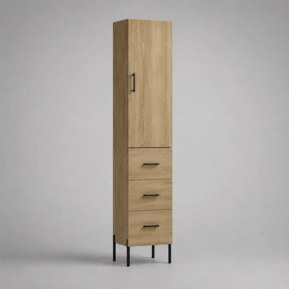 Credenza alta con 1 anta e 3 cassetti in pannello truciolare melaminico, rovere naturale e nero, 40 × 35 × 180 cm