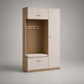 Armadio guardaroba da ingresso in legno con panca imbottita, 4 ganci e 3 vani chiusi, bianco e rovere, 120 x 40 x 200 cm