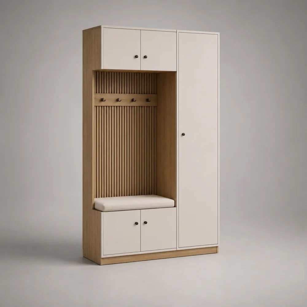 Armadio guardaroba da ingresso in legno con panca imbottita, 4 ganci e 3 vani chiusi, bianco e rovere, 120 x 40 x 200 cm